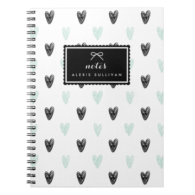 Mint & Black Hearts Pattern Personalized Notebook (Front)