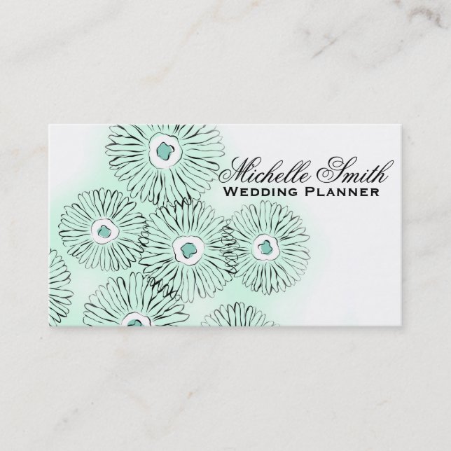 Mint black white Flowers florists wedding planner Business Card (Front)
