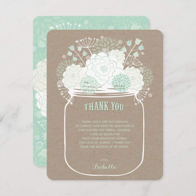 Mint Blooms Mason Jar Wedding Thank You Card (Front/Back)