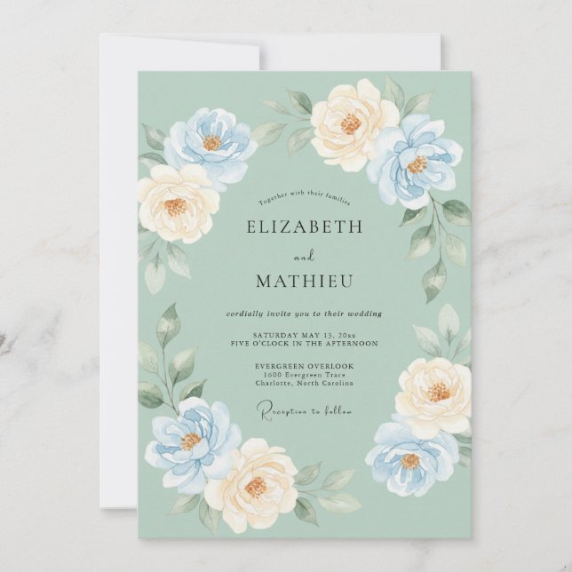 Mint Blue Airy Botanical Wedding Invitation (Front)