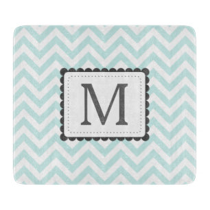 Mint Blue And White Chevron Custom Monogram Cutting Board