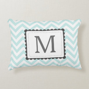 Mint Blue And White Chevron Custom Monogram Decorative Pillow