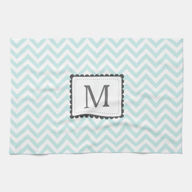 Mint Blue And White Chevron Custom Monogram Kitchen Towel (Horizontal)