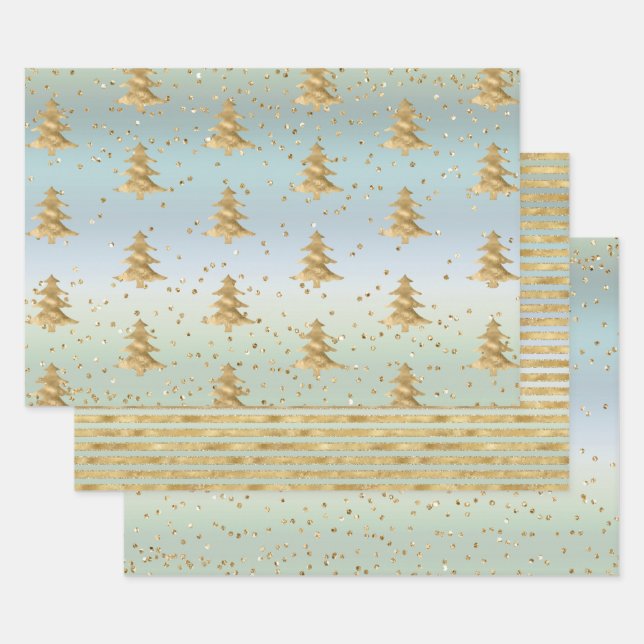 Mint Blue Gold Stripes Christmas Trees Sparkle  Wrapping Paper Sheet (Set)