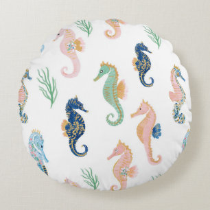Mint Blue Green Pink Seahorses Wavy Stripes Round Pillow