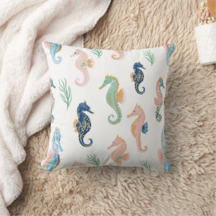 Mint Blue Green Pink Seahorses Wavy Stripes Throw Pillow