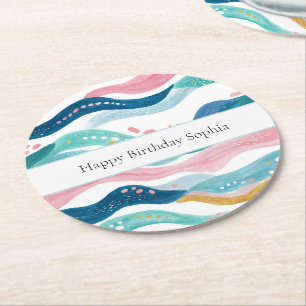 Mint Blue Green Pink Wavy Stripes Beach Birthday Round Paper Coaster
