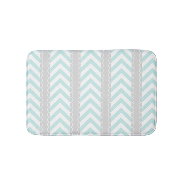 Mint Blue, Grey, White Chevron Stripes Pattern Bath Mat (Front)