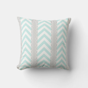 Mint Blue, Grey, White Chevron Stripes Pattern Throw Pillow