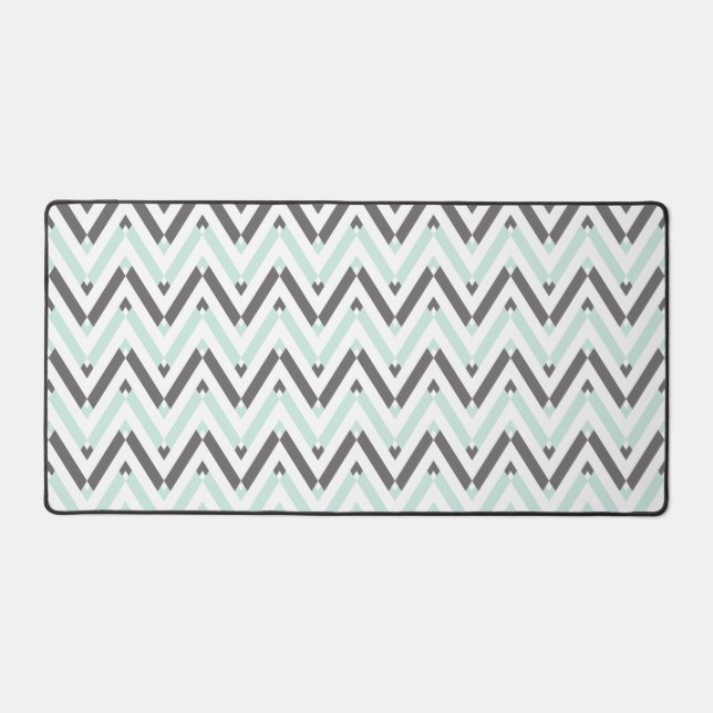 Mint Blue Grey White Geometric Chevron Pattern Desk Mat (Front)