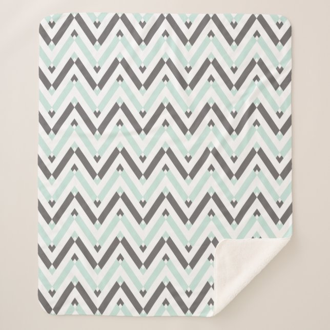 Mint Blue Grey White Geometric Chevron Pattern Sherpa Blanket (Front)