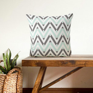 Mint Blue Grey White Geometric Chevron Pattern Throw Pillow