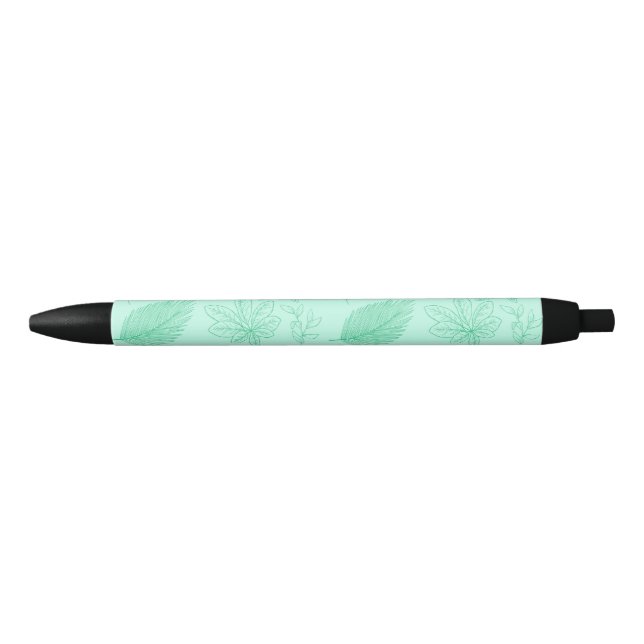 Mint Blue Leaves Pattern Black Ink Pen (Front)