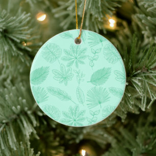Mint Blue Leaves Pattern Ceramic Ornament