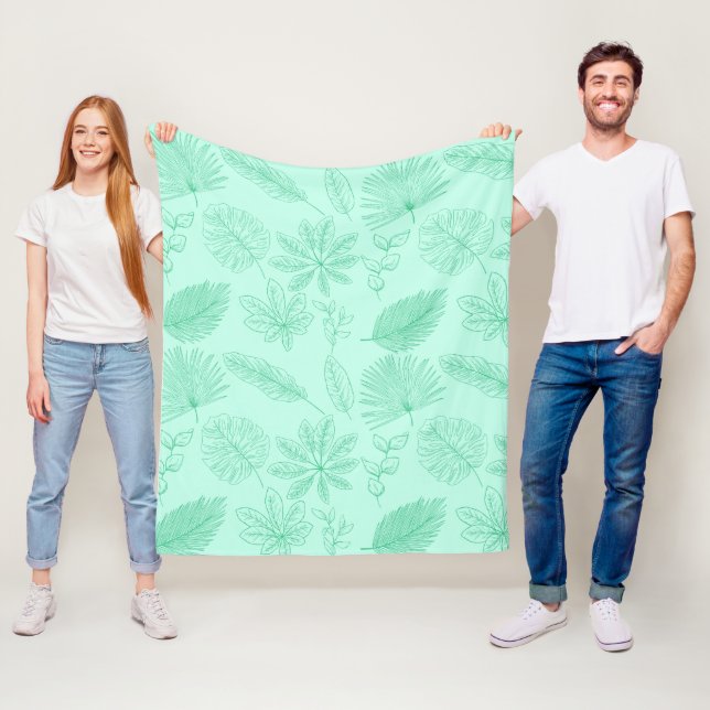 Mint Blue Leaves Pattern Fleece Blanket (In Situ)