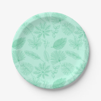 Mint Blue Leaves Pattern Paper Plate