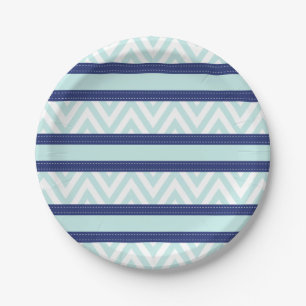 Mint Blue & Navy Stripes Chevron Pattern Paper Plate