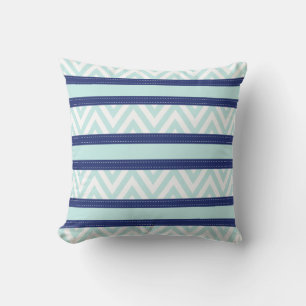 Mint Blue & Navy Stripes Chevron Pattern Throw Pillow
