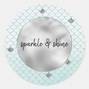 Mint Blue Ombre Silver Glitter Mermaid Classic Round Sticker