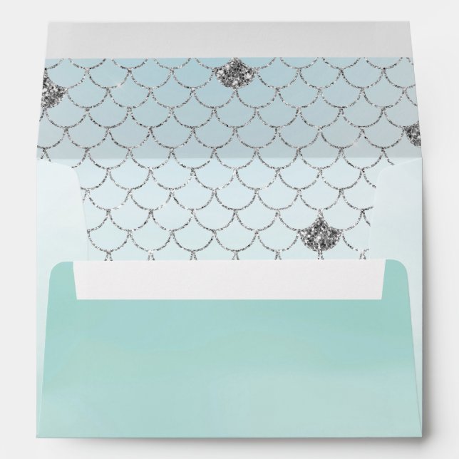 Mint Blue Ombre Silver Glitter Mermaid Envelope (Back (Bottom))