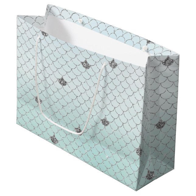 Mint Blue Ombre Silver Glitter Mermaid Sparkle Large Gift Bag (Front Angled)