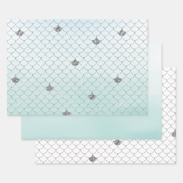Mint Blue Ombre Silver Glitter Mermaid Wrapping Paper Sheet (Set)