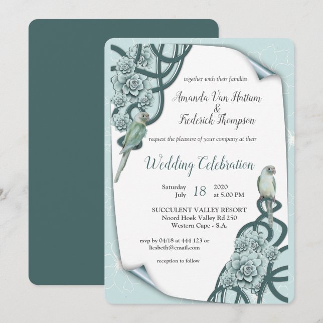 Mint Blue Pine Green Succulents Invitation (Front/Back)