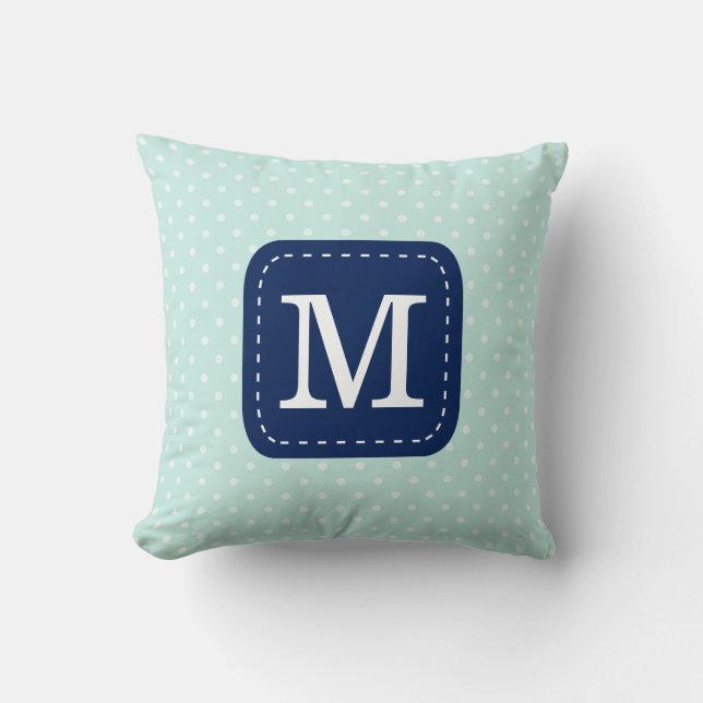 Mint Blue Polka Dot Pattern with Custom Monogram Throw Pillow (Front)