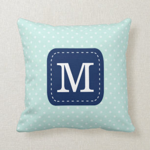 Mint Blue Polka Dot Pattern with Custom Monogram Throw Pillow