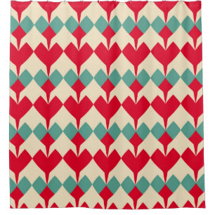 Mint blue, red hearts tile pattern.