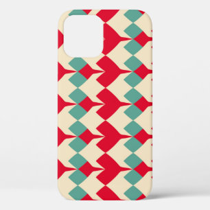 Mint blue, red hearts tile pattern. iPhone 12 case