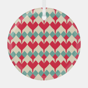 Mint blue, red hearts tile pattern. glass ornament