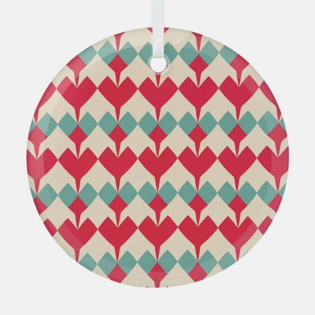 Mint blue, red hearts tile pattern. glass ornament (Front)