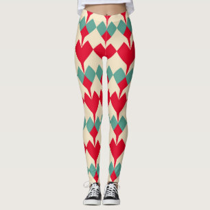 Mint blue, red hearts tile pattern. leggings