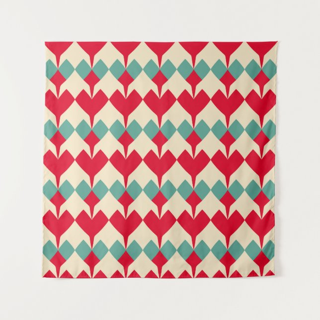 Mint blue, red hearts tile pattern. tapestry (Front)