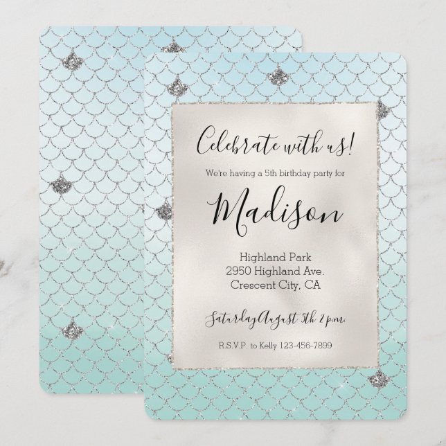 Mint Blue Silver Glitter Glitz Mermaid Birthday Invitation (Front/Back)
