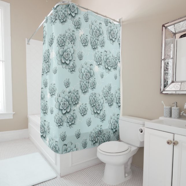 Mint Blue Succulents on plain pattern Repeat (In Situ)
