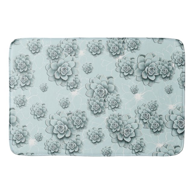 Mint Blue Succulents on plain pattern Repeat Bath Mat (Front)