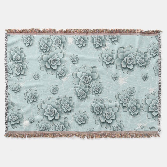 Mint Blue Succulents on plain pattern Repeat Throw Blanket (Front)