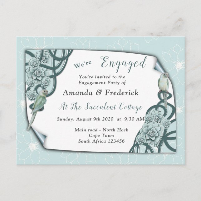 Mint Blue to Pine Green Succulents Engagement Invitation Postcard (Front)