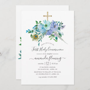 Mint & Blue Watercolor Boho Floral Holy Communion Invitation
