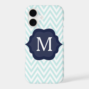 Mint Blue & White Chevron Navy Monogram Design