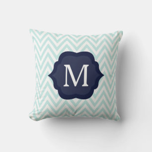 Mint Blue & White Chevron Navy Monogram Design Throw Pillow