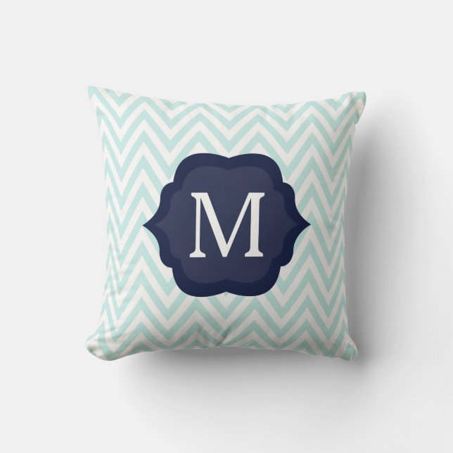 Mint Blue  & White Chevron Navy  Monogram Design Throw Pillow (Front)