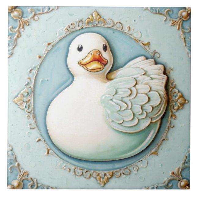 Mint Blue White Cute Rubber Ducky Duck Bathroom Tile (Front)
