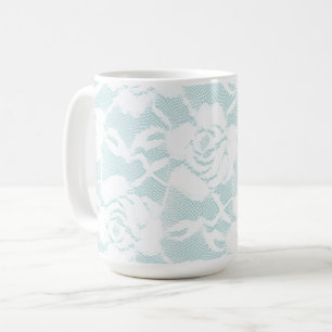 Mint Blue White Lace Roses Floral Coffee Mug