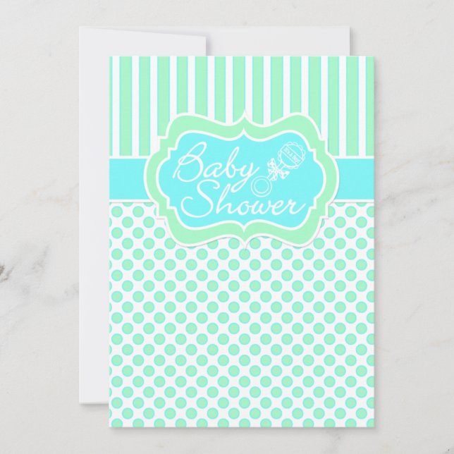 Mint, Blue, White Stripes, Dots Baby Shower Invite (Front)