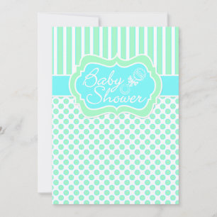 Mint, Blue, White Stripes, Dots Baby Shower Invite