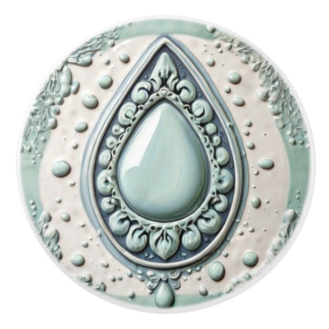 Mint Blue & White Water Drop Teardrop Bathroom Ceramic Knob (Front)