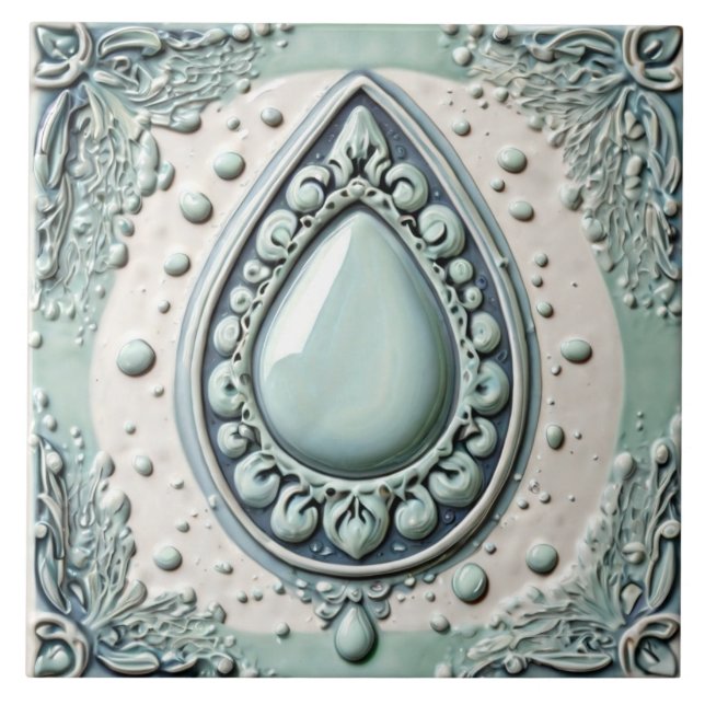 Mint Blue & White Water Drop Teardrop Bathroom Tile (Front)